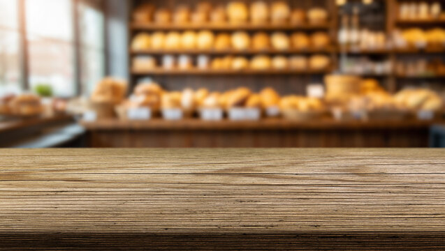 Rustic wooden counter in a bakery showcasing freshly baked bread in the background during daylight hours