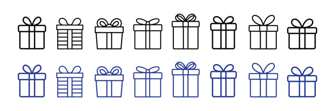 Collection of gift box icons with bows, presented in two rows, one black and white outline, the other in blue outline, isolated on white background
