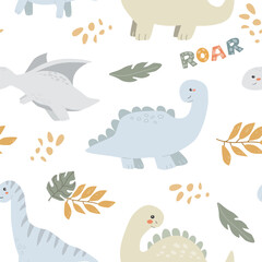 Cute dinosaur pattern with leaves and fun text on black background.
