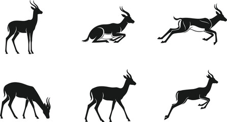 antelope, gazelle, wildlife, mammal, animal, silhouette, icon, vector, illustration, black, white, nature, grazing, running, leaping, resting, posture, anatomy, exotic, safari, design