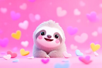 A sweet and charming illustration of an adorable cartoon sloth lovingly holding hearts conveying a message of affection peace and gentle happiness