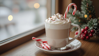 Frothy peppermint mocha with a candy cane stirrer on a cafe table with copy space
