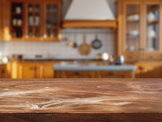 Wooden kitchen countertop with blurred cabinets and appliances in a warm home setting