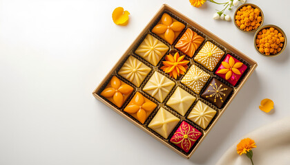 Assorted box of Diwali sweets neatly arranged on a white tabletop with copy space