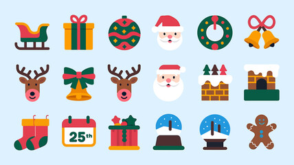 Obraz premium Vector art of small collection of pixel art christmas icons including santa, reindeer, gifts, snowflakes, and trees on a light blue background