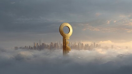 Golden key above a city in clouds