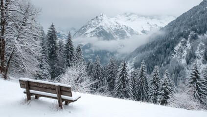 Snowy mountain vista with wooden bench (3)