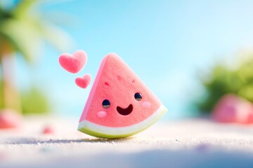 An adorable cartoon watermelon slice adorned with sweet little hearts creating a whimsical and cheerful image perfect for summer and healthy themes