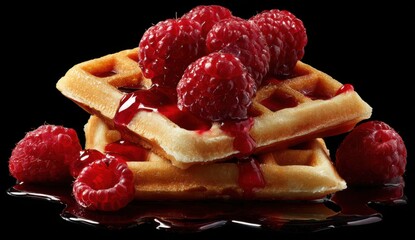 Stacked waffles topped with raspberries and red syrup