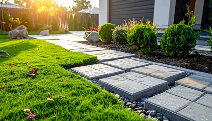 Modern home garden pathway in sunlight