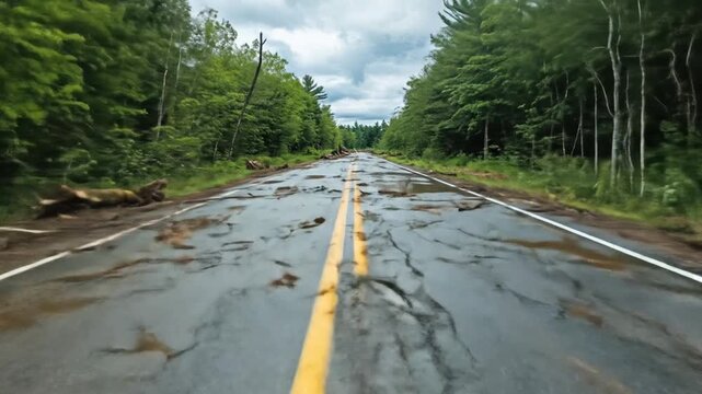 Damaged roadway after flooding.  Muddy, water-logged asphalt road amidst a forest, with debris and uprooted trees along the edges.  Dark brown mud covers the road surface.  Cloudy sky