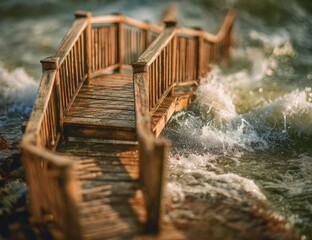 Miniature wooden pier battered by waves