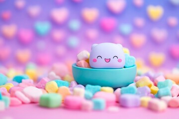 An adorable kawaii character happily nestled in a bowl of beautiful pastel candies and sweet hearts creating a delightful and playful treat scene