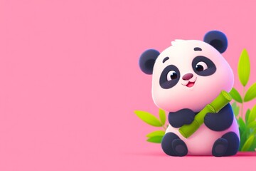Obraz premium An adorable illustration of a cheerful cartoon panda holding a fresh bamboo stalk capturing its iconic charm and gentle playful nature
