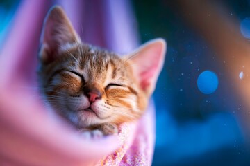 An adorable kitten sleeping comfortably and peacefully in a whimsical banana hammock creating a sweet dreamy and utterly charming scene