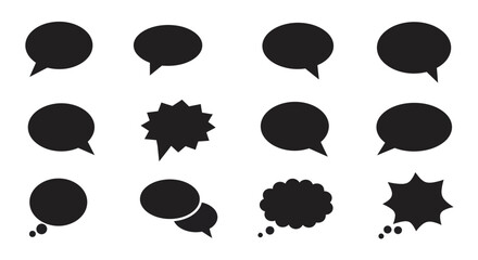 Collection of Black Speech Bubbles and Thought Balloons in Various Shapes.