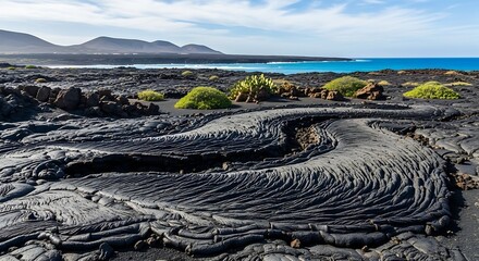 Volcanic landscape with solidified lava flows and ocean view.