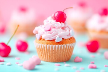 An adorable pastel cupcake delicately decorated with a vibrant cherry on top and sweet little hearts perfect for treats and celebrations