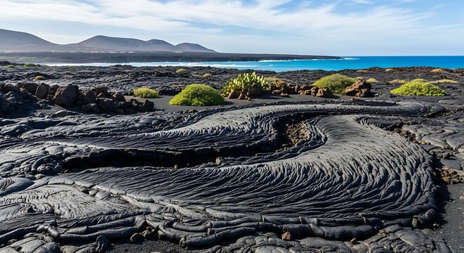 Volcanic landscape with solidified lava flows and ocean view. - Powered by Adobe