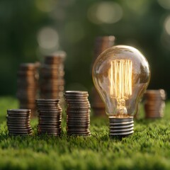 Illuminated lightbulb atop stacks of coins on grass