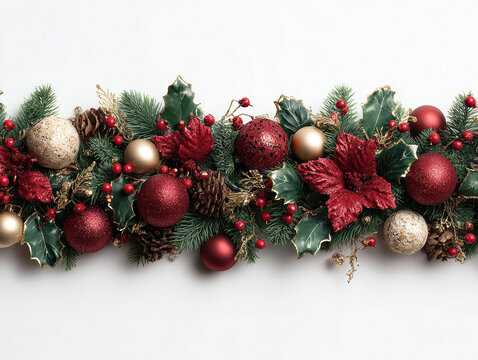 A festive garland with red and gold baubles and greenery against a light gray background The decorations include shiny spheres, pinecones, and artificial leaves - AI-Generated