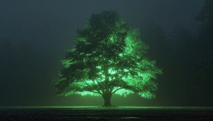 Illuminated tree in misty night