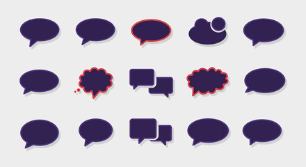 Collection of Dark Purple Speech Bubbles with Various Shapes and Red Accents.