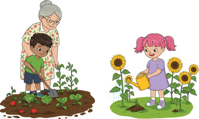 Cartoon grandmother gardening with boy planting vegetables, girl watering sunflowers with watering can, family outdoor activity, farming and nature education illustration