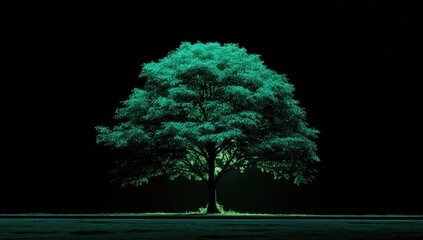 Illuminated teal tree silhouette against a black backdrop