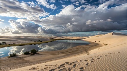 Dramatic clouds reflecting in a desert oasis amidst rippling sand dunes