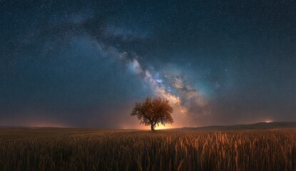 Lonely tree under a vibrant night sky, field of golden wheat