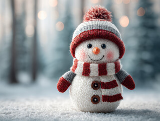 Snowman on winter night, adorned with red and white striped hat and mittens Cheerful expression, rosy cheeks, simple nose, toothy grin Outdoor setting at night, snowy ground reflectin - AI-Generated