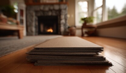 Stacked cardboard sheets on wooden floor near a fireplace