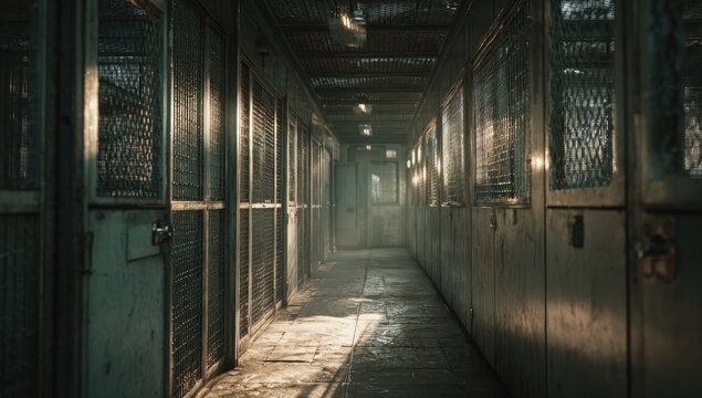 A long, dimly lit corridor with metal cages