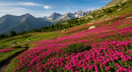 Vibrant Pink Flowers Blooming in Mountain Meadow.