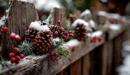 Rustic winter fence decorated with pine cones and berries