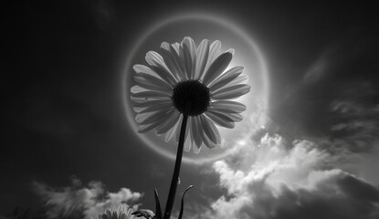 A black and white flower with halo