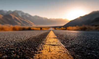 Asphalt road leading to a sunset over mountains