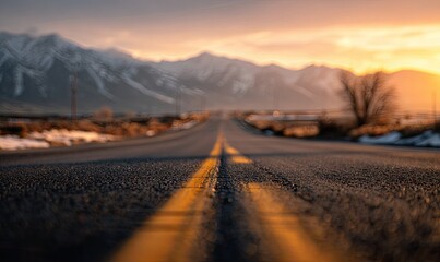 Sunset road to mountain range