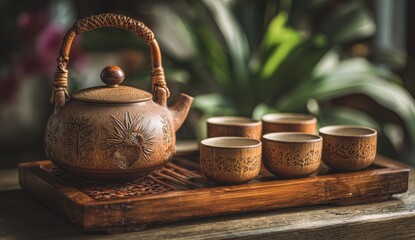 Elegant tea set on wooden tray