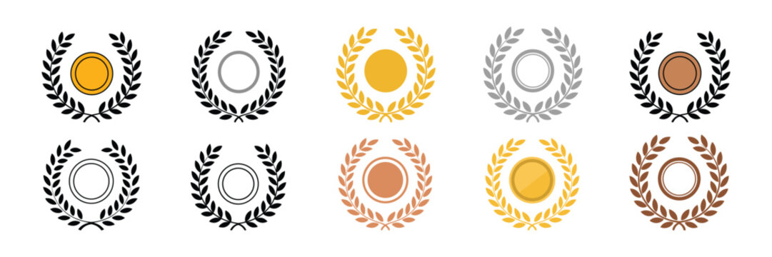 Collection of laurel wreath award medals in gold, silver, and bronze colors, isolated on white background