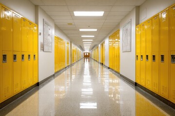School hallway with yellow lockers
