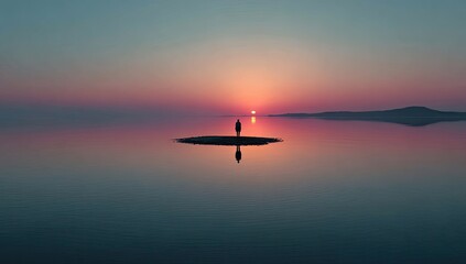 A solitary figure on a tranquil island at sunrise