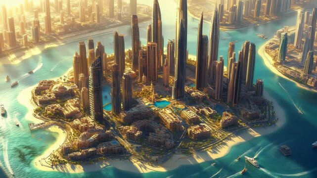 Skyscrapers rise above Palm Jumeirah in Dubai showcasing modern architecture and stunning coastal views, Aerial Dubai Skyscrapers Palm Jumeirah reclaimed land Persian Gulf UAE