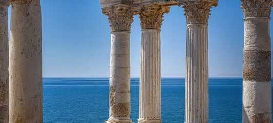 The columns frame a serene blue sea beyond ornate classical Corinthian stone ruins