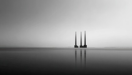 Silhouette of three tall structures reflected in a calm gray water