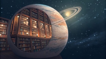 Cosmic library within a ringed planet showcases infinite knowledge amongst the stars