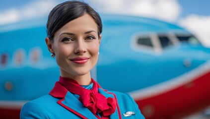 Airline Crew Member in Uniform Standing by Commercial Aircraft