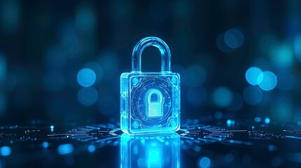 high tech visualization of cybersecurity threats a transparent padlock glowing with neon blue lights 3d render