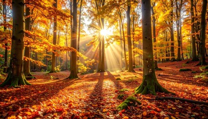 Obraz premium Golden leaves glow in the soft autumn light, as sunbeams filter through tall trees—evoking peace, reflection, and the quiet poetry of fall.